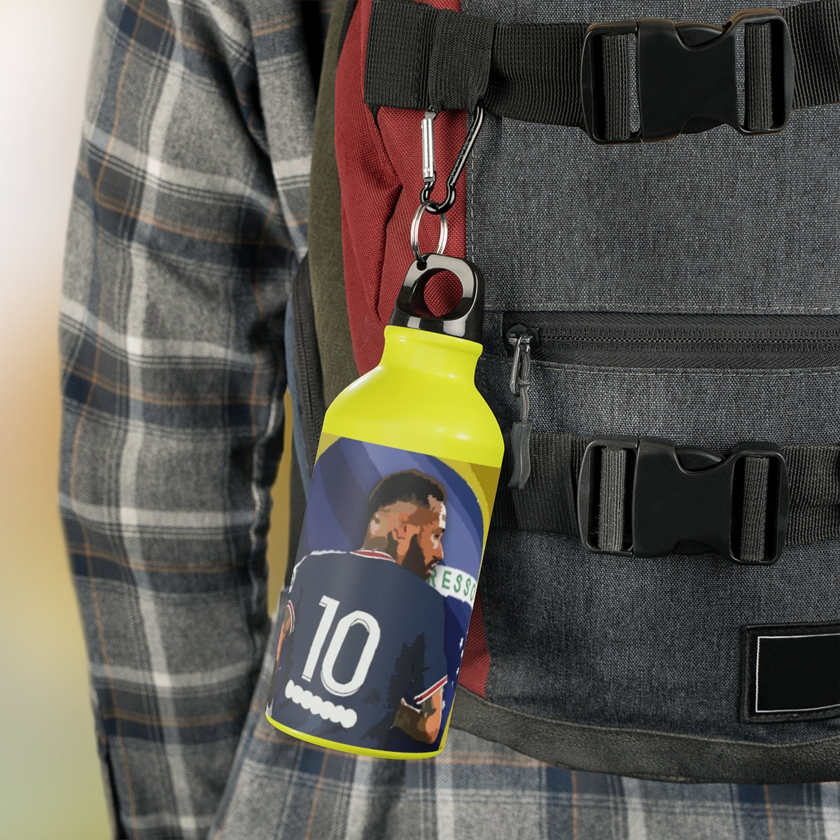 Contextual Front view of PSG Neymar in front of Brazilian flag background yellow background sports water bottle hanging off backpack.